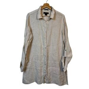 Tahari 100% Linen Tunic Shirt Sz Large Oatmeal Relaxed Button Front Long Sleeve